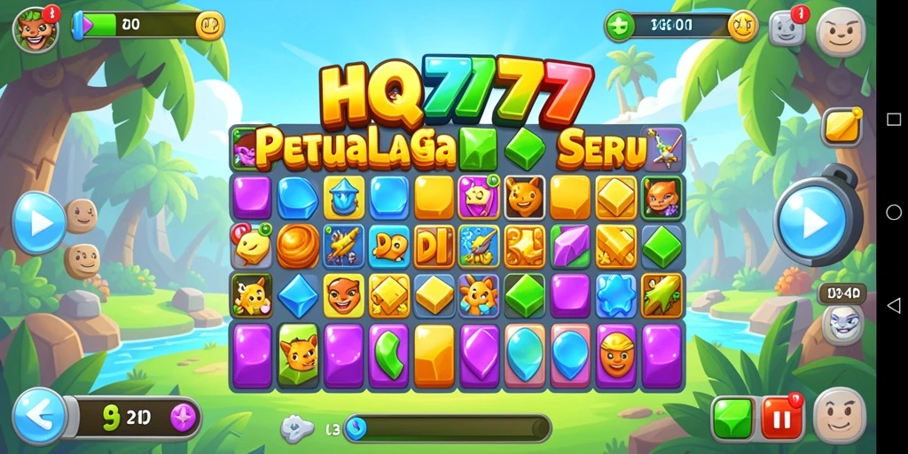 Tampilan gameplay HQ777 dengan kombinasi permata yang berwarna-warni.
