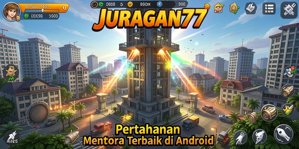 Tampilan gameplay JURAGAN77 dengan menara dan musuh yang dinamis.