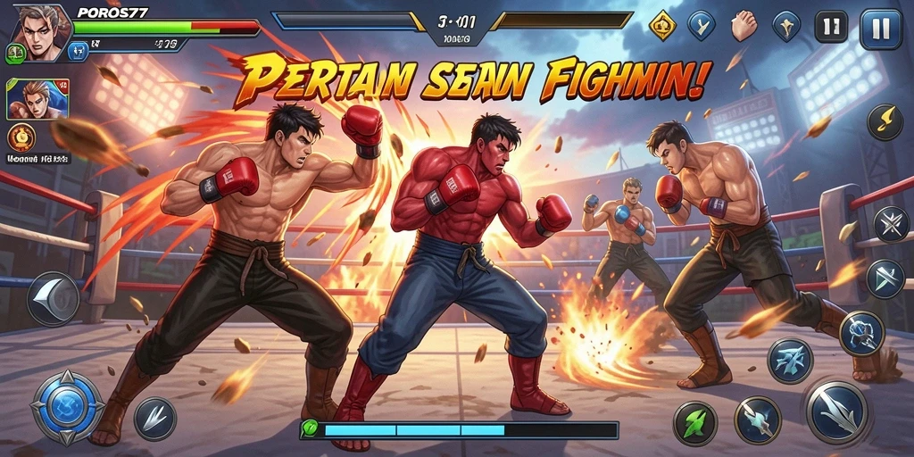 Tampilan gameplay mendebarkan dari pertarungan karakter di POROS77.
